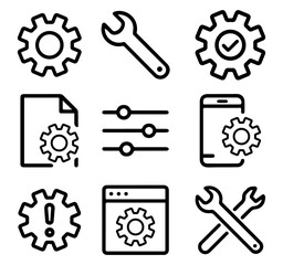Minimal setting icon set featuring black and white gear, slider, toggle switch, and wrench icons. Editable EPS file ideal for UI design, apps, web interfaces, and system configuration graphics.