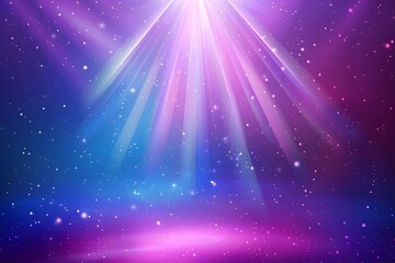 Abstract cosmic background with vibrant purple and blue hues, featuring radiant light beams and sparkling stars, creating a dreamy and ethereal atmosphere for creative projects