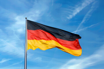 German flag waving against a clear blue sky, showcasing vibrant colors of black, red, and yellow, symbolizing national pride and unity in a beautiful outdoor setting