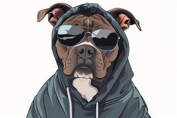 Stylish dog wearing sunglasses and a hoodie, exuding a cool vibe, showcasing a playful personality in a vibrant, eye-catching illustration with bold colors and details