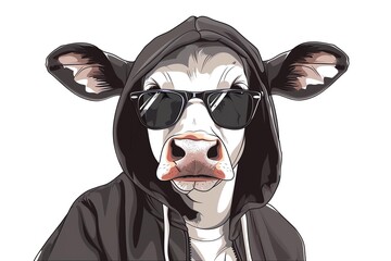 Cow wearing sunglasses and a hoodie, exuding a cool vibe, illustrated in a playful style, showcasing a humorous take on animal fashion and personality