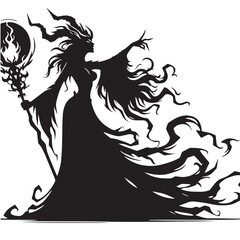 black Evil sorceress Silhouette Vector, High Quality Illustration on White Background