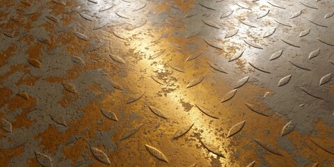 Close up of a rusty metal diamond plate with a textured and industrial background surface creating an abstract and vintage pattern