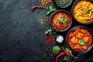 Colorful assortment of flavorful dishes in bowls, featuring vibrant spices and fresh herbs on a textured black surface, showcasing culinary artistry and delicious presentation