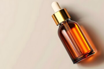 Amber glass dropper bottle filled with essential oil, featuring a white pipette cap, placed on a soft neutral background, showcasing beauty and wellness product design