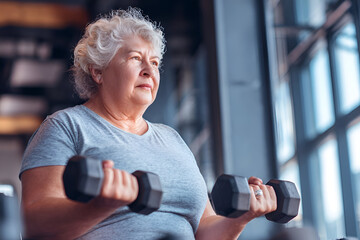 Senior woman with gray hair, wearing a gray t-shirt, is lifting dumbbells in a bright gym, showcasing strength and determination in a fitness environment