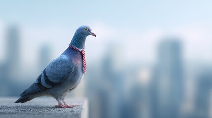 Pigeon Boss: A dapper pigeon wearing a tie stands confidently on a rooftop, surveying a sprawling cityscape, personifying ambition and the urban experience. 