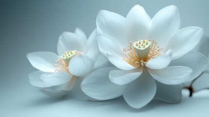 Close-up of lotus flower with soft petals and ethereal pale pink and blue background radiating peace