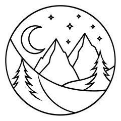 Moon Above Line Art Mountains