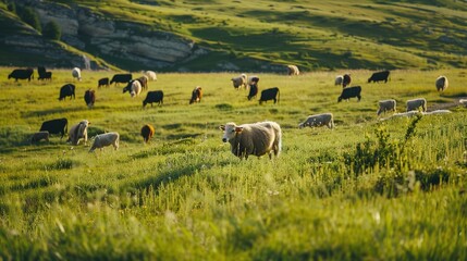 Fototapeta premium Festive Whispers of the Grassland: New Year Decorations Illuminate Cattle and Sheep Scenery in Charming Images Stretching across the sun-kissed grassland, flocks of sheep and herds of cattle graze pea