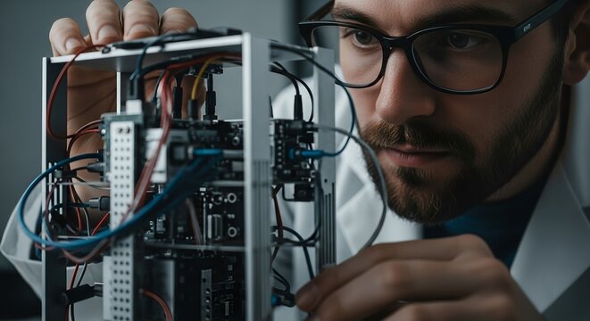 Man in lab coat working on complex electronic system with wires and boards - Powered by Adobe