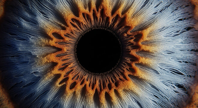 Macro extreme close-up of human iris revealing detailed radial muscle fibers, vibrant pigment variations, and delicate light reflections with cinematic ray tracing and hyperreal 32k resolution