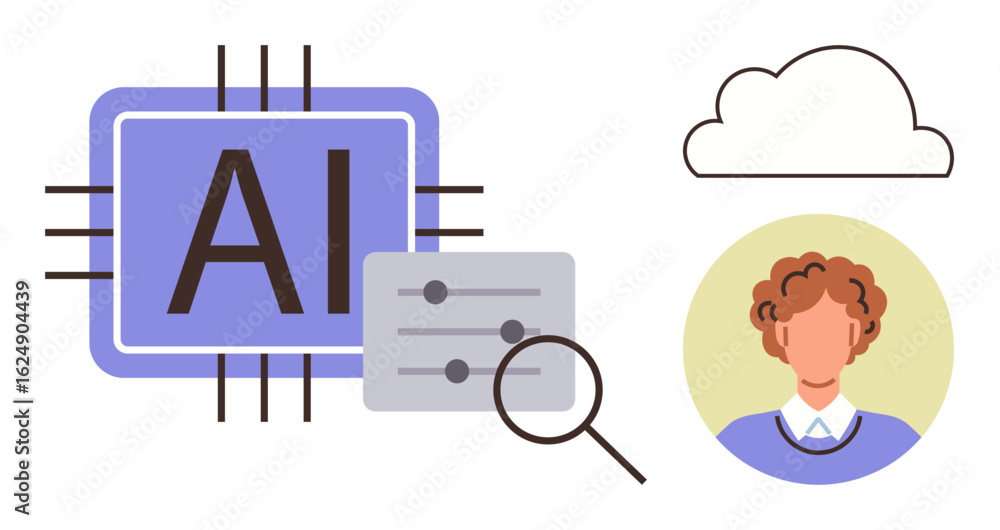 Poster ai chip with text, document under magnifying glass, cloud icon, and person portray data analysis, ma