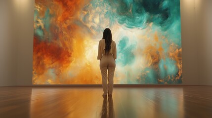 a woman standing in an art gallery, admiring a large abstract painting with colors of teal, gold, and coral, soft lighting, polished wooden floor reflecting the artwork