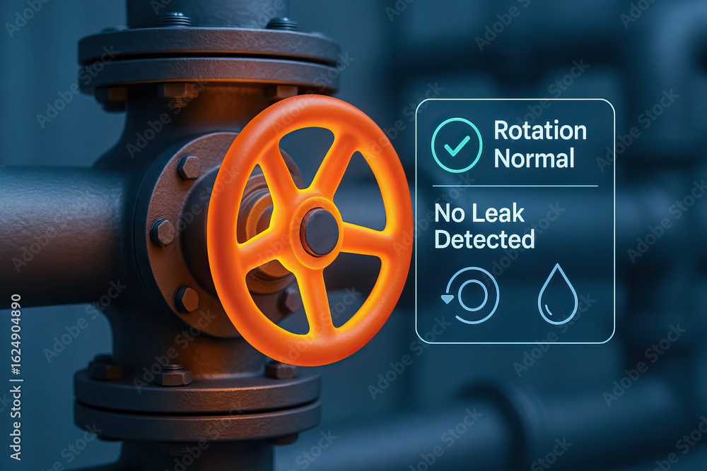 Poster valve handle with orange wheel on industrial pipe system showing normal rotation and no leak detecte