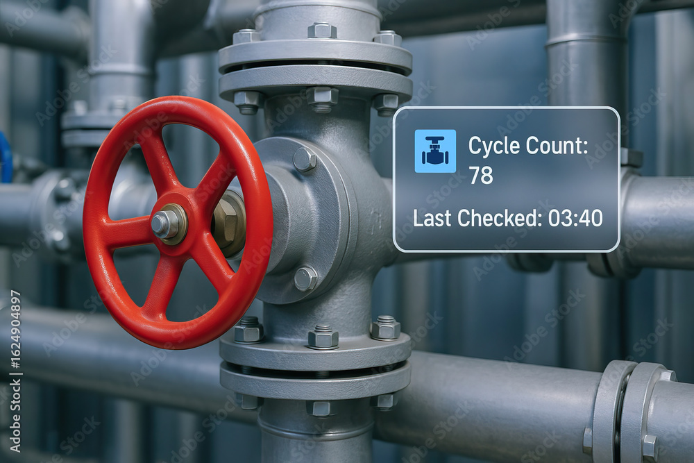 Poster valve with red handwheel in industrial pipeline system with digital overlay showing cycle count and 
