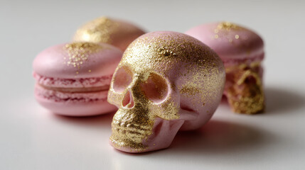 Delight in these spooky Halloween desserts featuring pink skull shaped treats and macarons adorned with glitter, perfect for festive celebrations