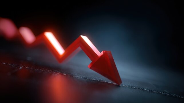 Decline Arrow: a bright red arrow symbolizes decline, market crash, crisis with a dark blurred background.