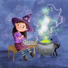 illustration with cute witch and cat