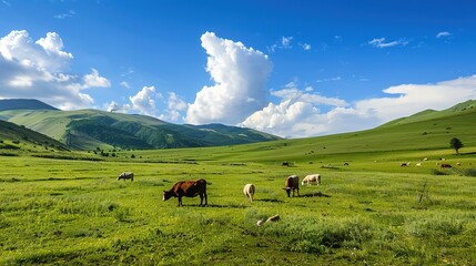 Obraz premium Festive Whispers of the Grassland: New Year Decorations Illuminate Cattle and Sheep Scenery in Charming Images Stretching across the sun-kissed grassland, flocks of sheep and herds of cattle graze pea