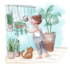 Green fingers. Illustration with young woman and plants