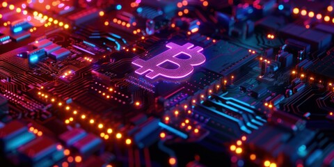 Obraz premium Bitcoin logo is glowing on the circuit board, creating an atmosphere of futuristic technology and cyberpunk style.