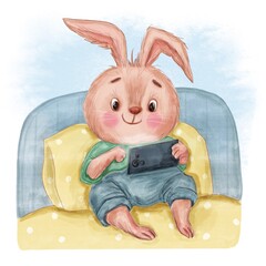 cute bunny sitting on ipad
