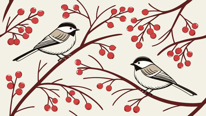 Illustration of two chickadees perched on branches with red berries winter birds art print design 100