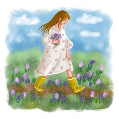Fototapeta premium young woman walking in spring with tulips