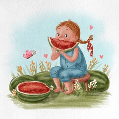 young girl sitting and eating watermelon