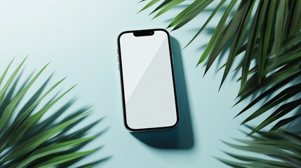  mockup of a Phone floating at an angle among palm leaves with a light blue background. 