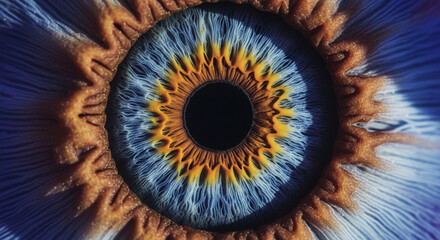 Ultra-detailed macro close-up of human iris showcasing complex radial fiber patterns, vibrant color spectrum, and realistic light refractions with cinematic ray tracing and 32k photorealistic renderin