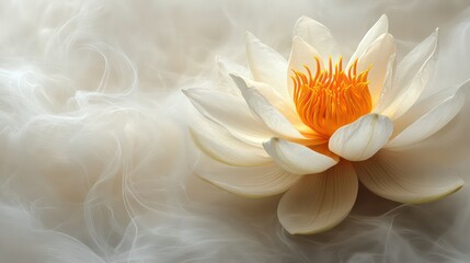 Close-up of lotus flower with soft petals and ethereal pale pink and blue background radiating peace