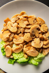 champignon slices canned mushrooms salad fresh delicious gourmet food background on the table ...