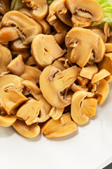 champignon slices canned mushrooms salad fresh delicious gourmet food background on the table ...