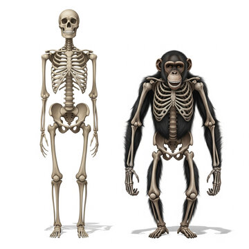 Chimpanzee and Human Skeleton Anatomy Comparison: Educational 3D Illustration for Biological Study and Evolution Science