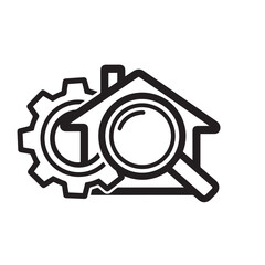 Vector art of magnifying glass and gear icon on house outline