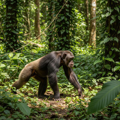 Naklejka premium Chimpanzee in Natural Habitat: Exploring the Biodiverse Forest Jungle with Wildlife Conservation Efforts in Tropical Greenery