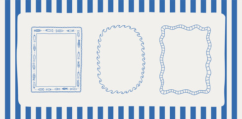 Set of Mediterranean summer whimsical frames. Coquette coastal hand drawn vector borders collection. Nautical decorative retro borders with waves, rope, terazzo shapes. Perfect for summer sea vacation