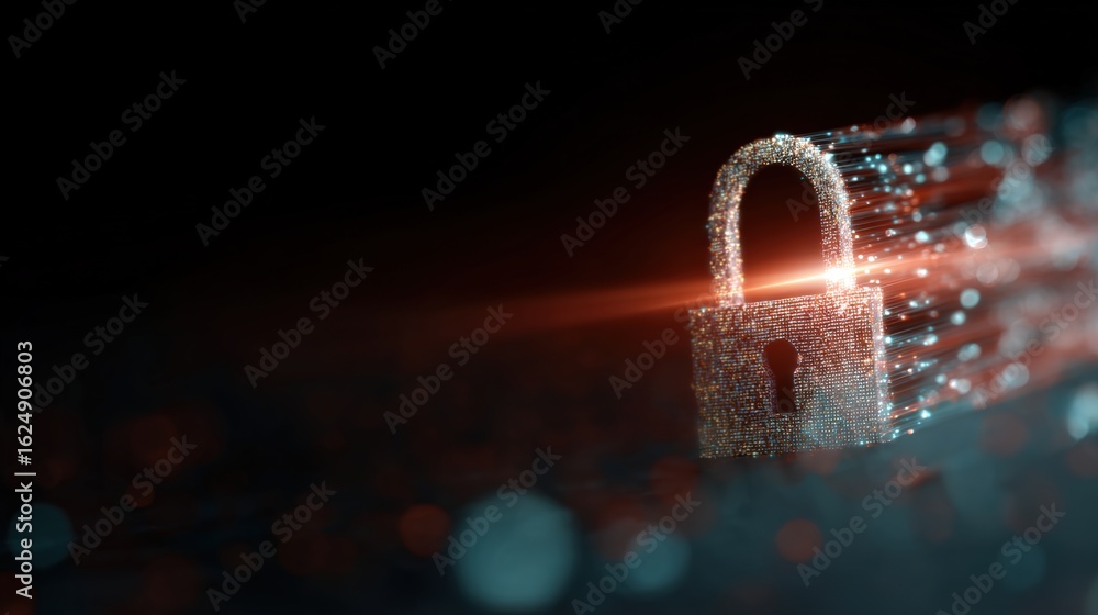 Poster digital lock: an illuminated lock floats in a dark space, representing the concept of digital securi