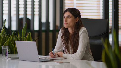 Caucasian thoughtful girl female businesswoman dreaming thinking business woman creative worker...