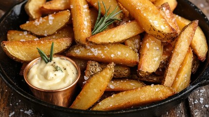 Golden steakhouse fries in cast iron skillet with sea salt and fresh rosemary, served with creamy aioli dipping sauce in copper cup on rustic wooden table