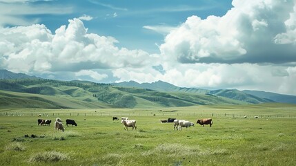 Fototapeta premium Festive Whispers of the Grassland: New Year Decorations Illuminate Cattle and Sheep Scenery in Charming Images Stretching across the sun-kissed grassland, flocks of sheep and herds of cattle graze pea