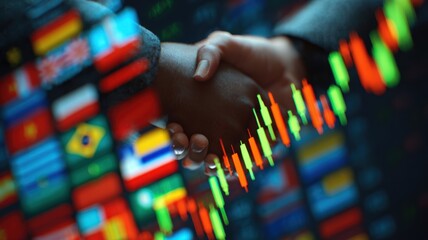 tax deal agreement international. Business handshake with digital flags and market data in the background.