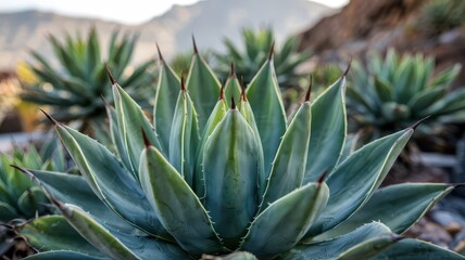 Fototapeta premium Chihuahuan desert agave plants with sharp spines and blue-green succulent leaves arranged in symmetrical rosette pattern against blurred mountain landscape in morning light