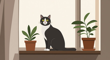 Cat on Windowsill: A charming illustration of a black and white cat sitting calmly on a windowsill, accompanied by two potted plants, creating a cozy interior scene.