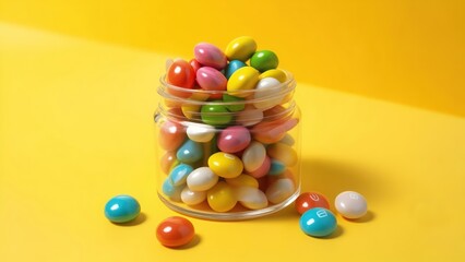 Obraz premium Colorful candies in a glass jar against a yellow background