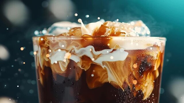Iced coffee cold drink with cream swirl and splash, refreshing beverage with ice cubes and droplets creating rich texture patterns