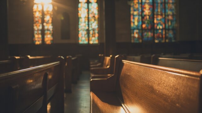 Warm sunlight filtering through stained glass inside a quiet church sanctuary