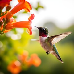 Fototapeta premium A close-up of a hummingbird feeding with mirror-like eyes reflecting the garden, very detailed feathers.